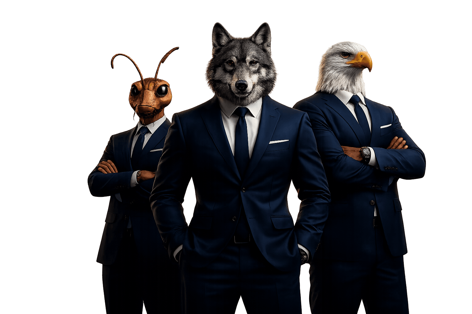 Personagens Formiga, Lobo e Harpia ao lado dos serviços do Varejo Investidor